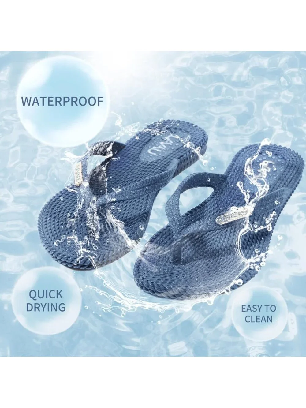Women's Navy Waterproof Non Slip Flat Thong Sandals For Shower Beach and Pool
